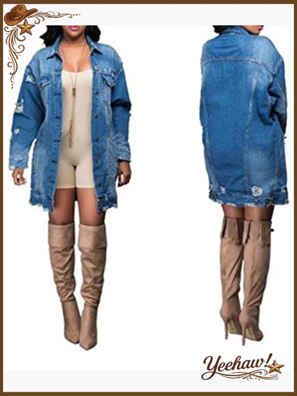 Distressed Denim Trucker Jacket Ripped Long Sleeve Button Front Oversized - Picture 7 of 7